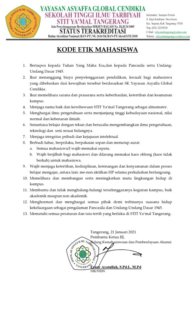 Kode Etik Mahasiswa - STIT YA'MAL TANGERANG